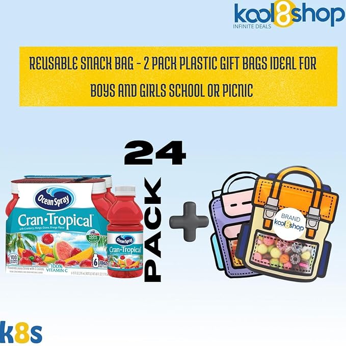 Ocean Spray Cran Tropical Fruit Juice Drink 10 fl oz Plastic Bottles 24 Pack + 2 Reusable Snack Bags by KOOL8SHOP Infinite Deals
