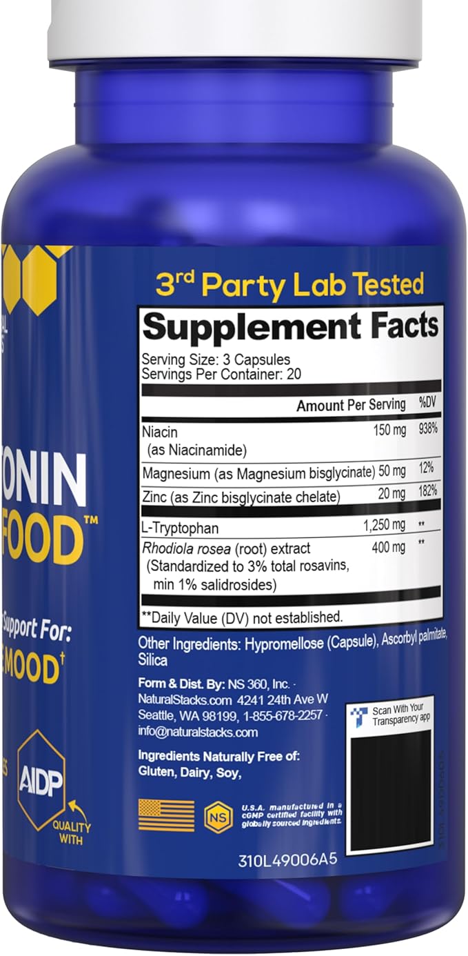 Serotonin Brain Food - 1250mg L-Tryptophan &amp 400mg Rhodiola Rosea Supplement - Mood Support Supplement for Stress Relief - Neurotransmitter Support with Magnesium Glycinate &amp Zinc - 60 Capsule