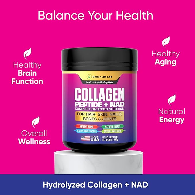 Hydrolyzed Collagen Peptides with NAD – Supports Hair Skin Nails Joints &amp Bones – Type I &amp III Collagen – Grass-Fed Unflavored Powder