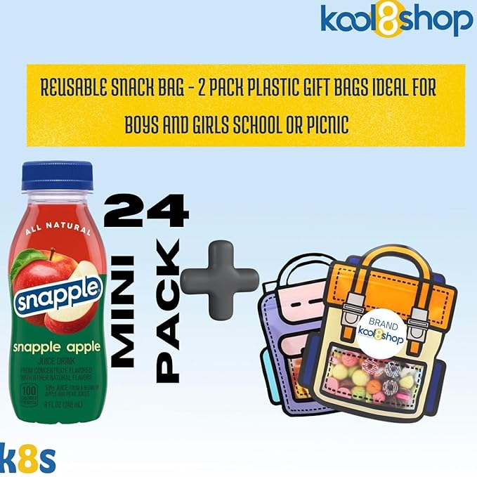 Snapple Apple All Natural Juice Drink 8 fl oz Mini Plastic Bottle 24 Pack + 2 Reusable Snack Bags by KOOL8SHOP Infinite Deals