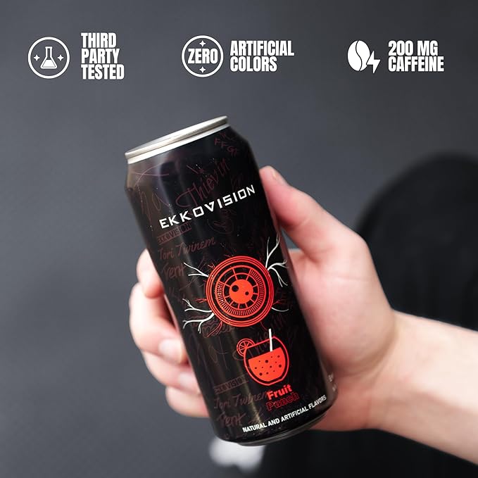 Ekkovision Energy Drink Fruit Punch 200 MG Natural Caffeine With Coconut Water L Theanine Alpha Gpc &amp L Tyrosine For Balanced Energy Electrolytes &amp Smooth Hydration 16 Fl Oz Can 12 Pack