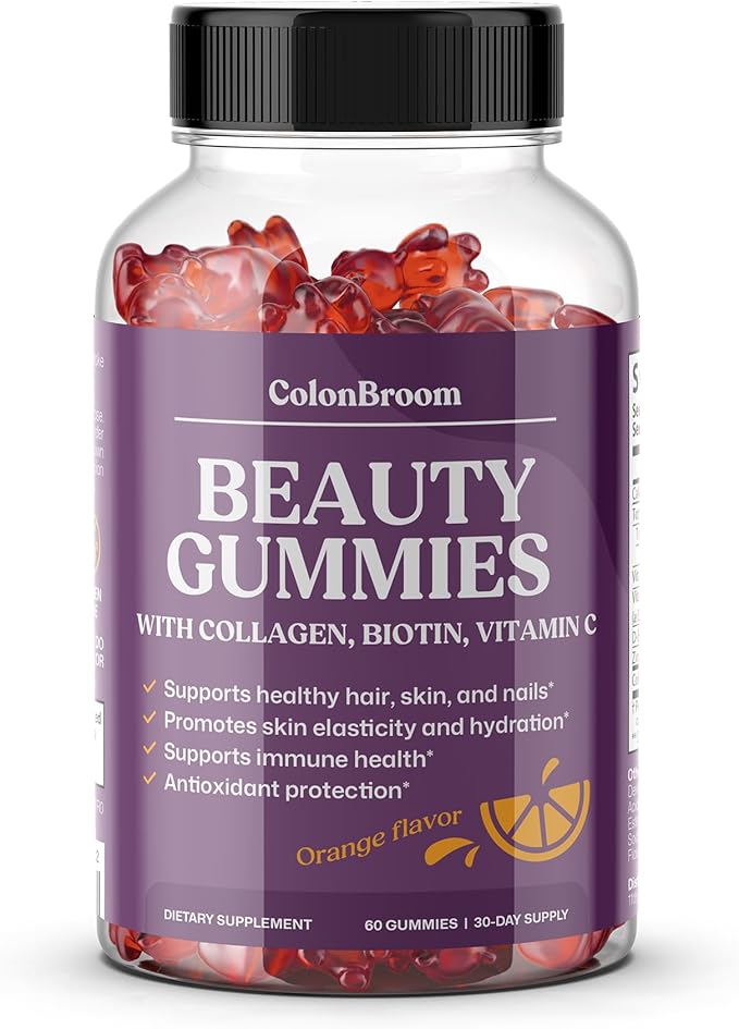 ColonBroom Beauty Biotin &amp Collagen Gummies with Vitamin C | Hair Skin and Nails Vitamins for Women &amp Men Beauty Supplement for Hair Health Collagen Peptides Gummies (Orange Flavor 30 Day