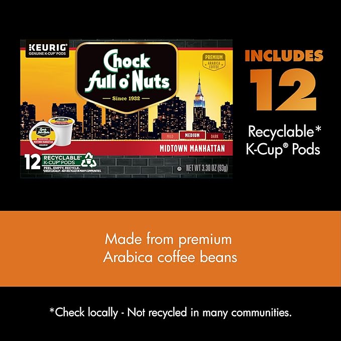 Chock Full o' Nuts Midtown Manhattan Keurig K-Cup Pods for Keurig Brewers – Premium Arabica Medium Roast – Single Serve – 1 Pack of 12 K-Cup Pods