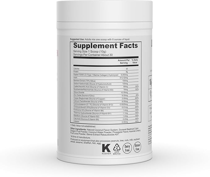 Marine Collagen Peptides - Dragon Fruit Coconut Water Pineapple - Vitamin C Hyaluronic Acid Copper Zinc Biotin Niacin D3 B-Complex - Hair Skin &amp Nails 30 Servings