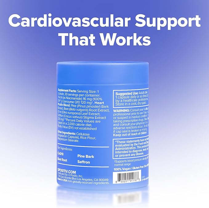 O Positiv MENO Heart + Blood Pressure Support Capsules – Daily Support for Healthy Circulation Stress Management &amp Blood Pressure – with CoQ10 Beets Pine Bark &amp Saffron – 30 Servings