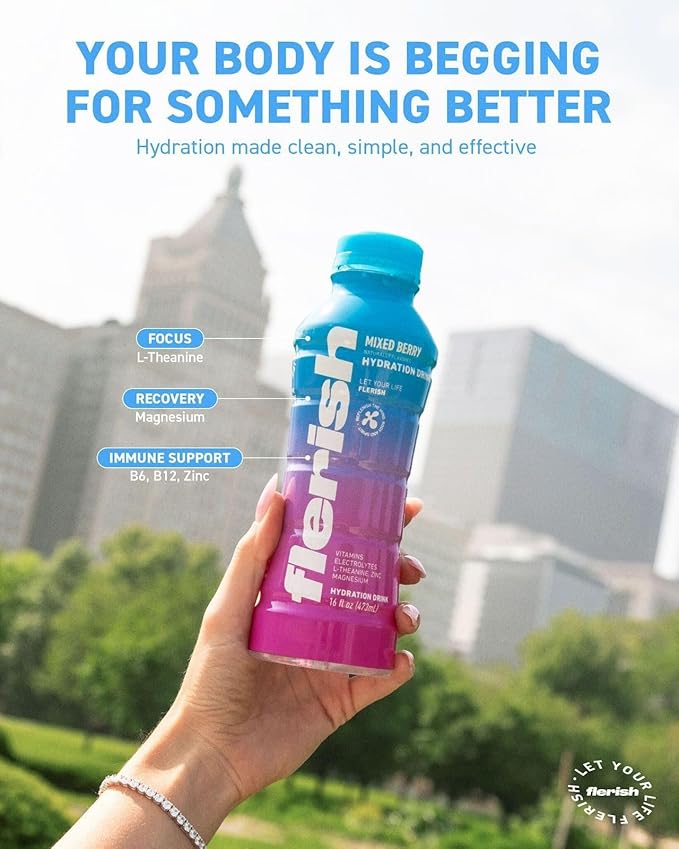 FLERISH Enhanced Hydration Drink | Watermelon-Based Functional Beverage with Electrolytes | Magnesium &amp L-Theanine | No Artificial Sweeteners | 35 Calories (Variety 12-Pack 16 fl oz)
