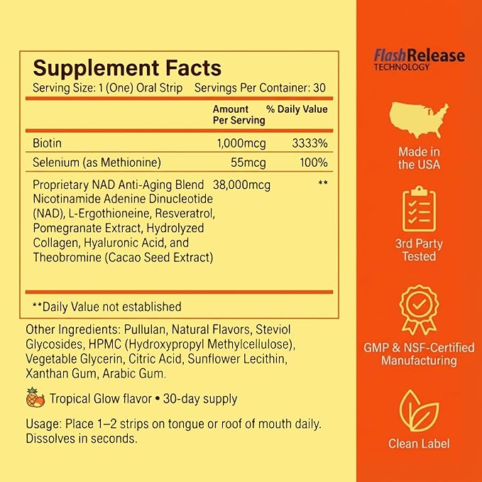 Collagen Biotin NAD &amp Hyaluronic Acid Beauty Supplement Strips – Fast-Dissolving FlashRelease™ Tech – Skin Hair &amp Nail Support – Sugar-Free Non-GMO Gluten-Free Tropical Flavor USA Made