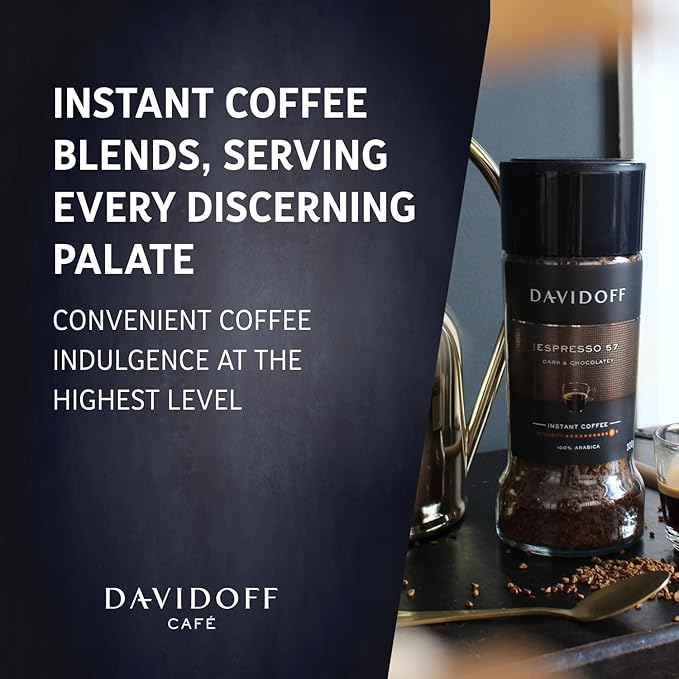 DAVIDOFF Espresso 57 Instant Coffee - Dark and Chocolatey - Intense Roast with a Smooth Aroma - 100% Arabica Beans - 11/12 Intensity. 12/12 Roasting. 6/12 Acidity - 6 x 3.52 oz