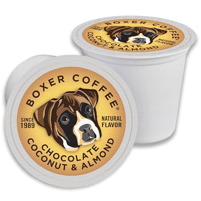 Boxer Coffee 48ct Chocolate Coconut Almond – Naturally Flavored Medium Roast Coffee Pods – Specialty Grade Artisan Single-Serve Cups – Compatible with Keurig K-Cup Brewers