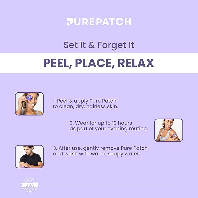 Pure Patch Sleep Patch – Plant-Based Vegan Topical Patch – Magnesium Glycinate – GABA – L-Theanine – Apigenin – Non-Ingestible – Water-Resistant – Gentle on Skin – Gluten Free – Made in USA –30Patches