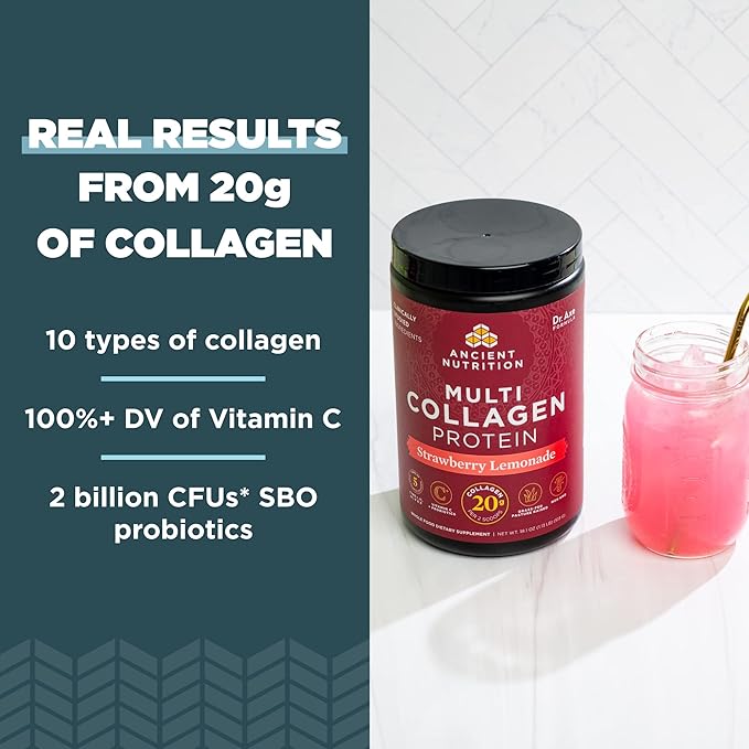 Ancient Nutrition Organic Supergreens Powder Greens Flavor 25 Servings + Multi Collagen Protein Powder Strawberry Lemonade 24 Servings