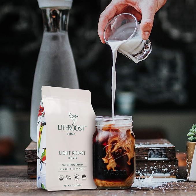 Lifeboost Light Roast Whole Bean Coffee - Low Acid Organic Coffee Non-GMO USDA Organic Single Origin Third-Party Tested for Mycotoxins &amp Pesticides - 12 oz Bag