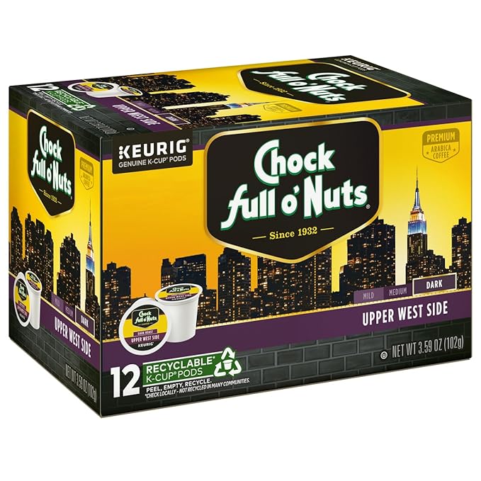 Chock Full o'Nuts Upper West Side Coffee Dark Roast Compatible with K-Cup Pods 12 CT (Pack of 4)