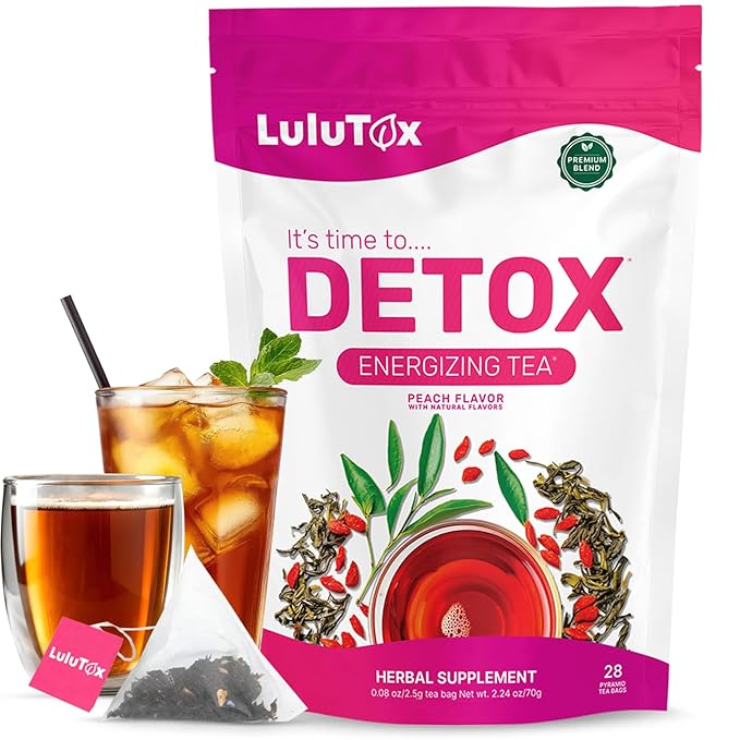 LULUTOX Detox Tea - Slimming Tea with Dandelion and Ginseng to Support Goals for Detox Cleanse Flat Belly Bloating Healthy Weight and Digestive Health - Women &amp Men - Peach Flavor (28 Servings)