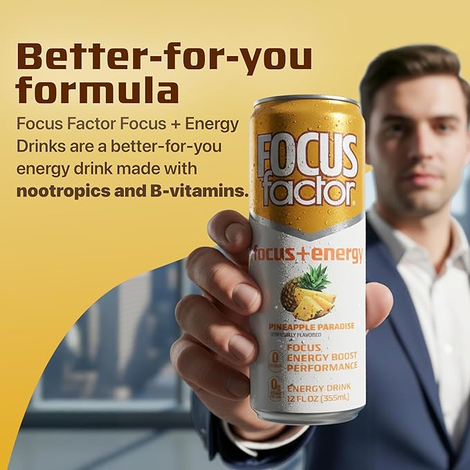 Focus Factor Energy Drink - 12 x 355ml Cans (Pineapple Paradise Flavor) - with Focus + Energy - Lightly Carbonated Sugar Free Low Calorie with Vitamin B6 &amp Vitamin B12