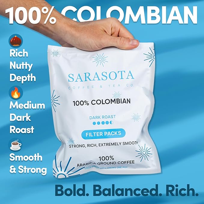 100% Colombian Dark Roast Ground Coffee in Filter Packs | Low Acid Mold Free Premeasured Pouches | Bulk Packets | Gourmet Powder Bags for 10–12 Cup Drip Maker | Highest Rated Individual Coffee