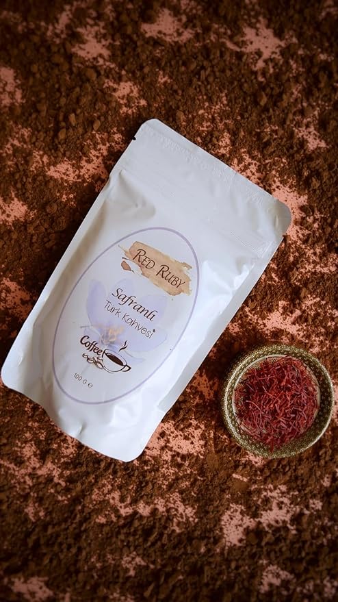Red Ruby Saffron Turkish Coffee – 100g (Pack of 2) – Premium Ground Turkish Coffee Infused with Natural Saffron – Rich Aromatic Authentic Middle Eastern Blend