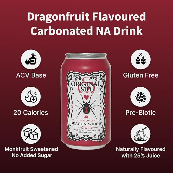 Original Sin Non Alcoholic Cider - Dragon Widow | Sparkling Apple Cider Vinegar Drink with 25% Fruit Juice | Sugar Free Non Alcoholic Drinks- Dragon Fruit Flavour