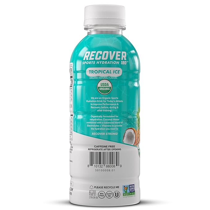 RECOVER 180 Organic Sports Hydration Drink No Sugar Added 20 Calorie Sports Beverage Organic Flavors With Vitamins Potassium-Packed Electrolytes (16.9 Fl Oz (Pack of 12) Tropical Ice)