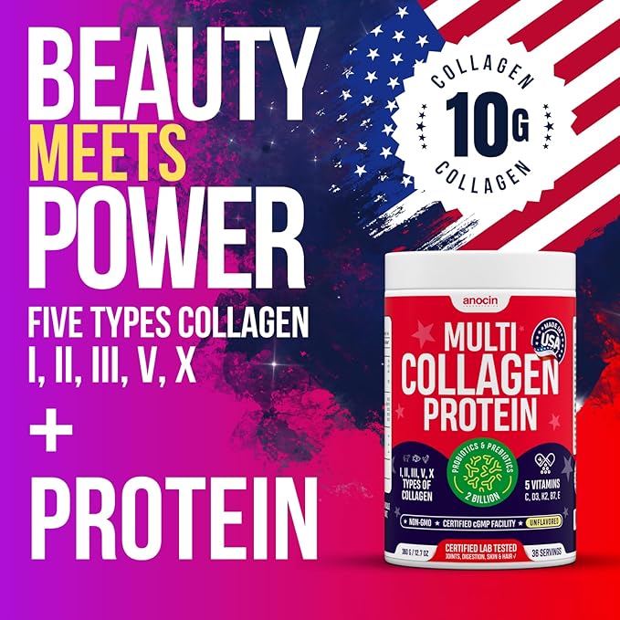 Multi Collagen Peptides w/Prebiotic + Probiotics + Type I II III V X + Hydrolyzed Collagen Powder w/Vitamin C+D3+B7+K2+E Hyaluronic Acid Supports Skin Hair Nail Joint Grass-Fed Non-GMO (2)