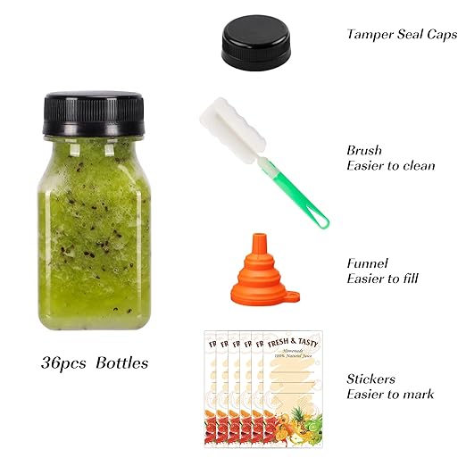 BAKHUK 108pcs 4oz 8oz 16oz Mini Plastic Juice Bottles with Caps Empty Reusable Clear Bulk Beverage Containers for Juice Milk and Other Beverages