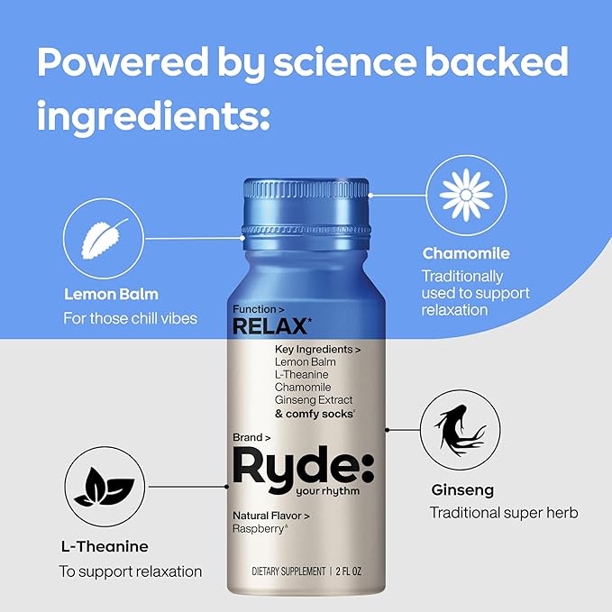 Ryde: Discovery Pack | Energize Focus &amp Relax Shots | Green Tea Caffeine Taurine Ginseng B Vitamins L-Theanine Lemon Balm Chamomile | 0 Calories 0 Sugar | Variety Pack – Try Them All (24 P
