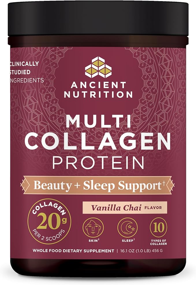Ancient Nutrition Collagen Powder Protein Multi Collagen Protein Beauty + Sleep with Vitamin C Vanilla Chai Hydrolyzed Collagen Peptides Supports Skin and Nails Sleep 16.1oz