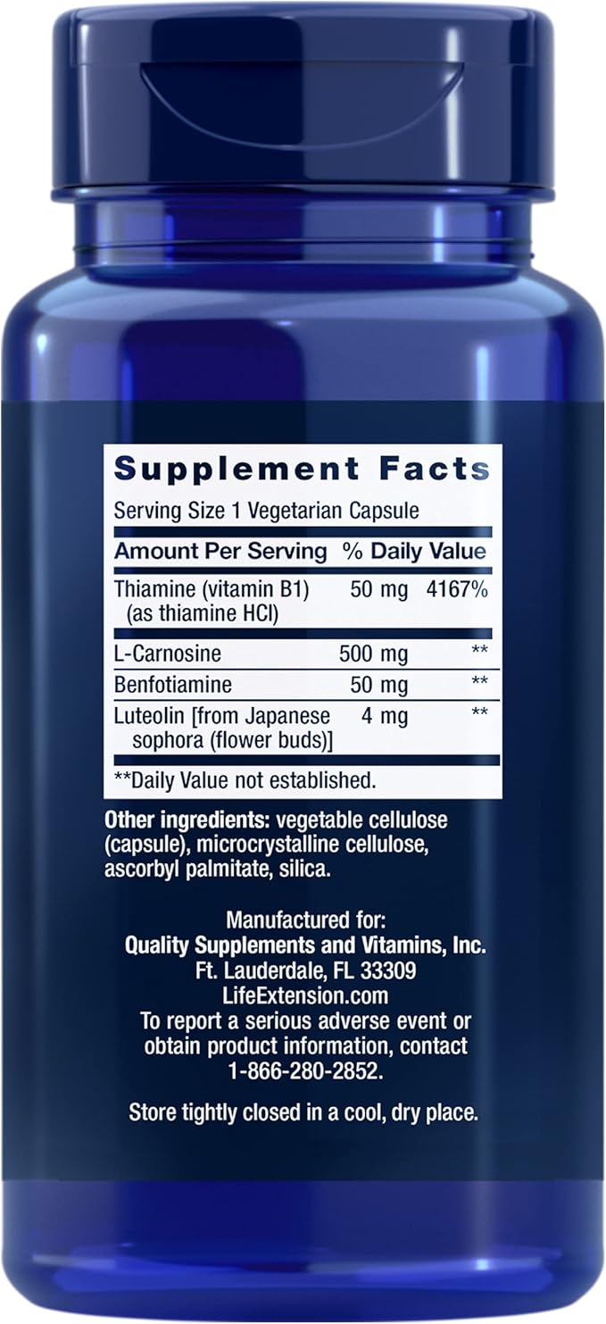 Life Extension Super Carnosine L-carnosine Luteolin Vitamin B1 Muscle Support Exercise Recovery Heart Health Gluten-Free Non-GMO Vegetarian 60 Capsules