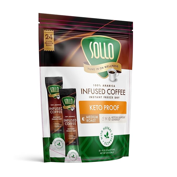 SOLLO Keto Infused Instant Coffee sticks 0 g CARBS Coconut MCT Oil Freeze Dry 100% Arabica 24 per pack.