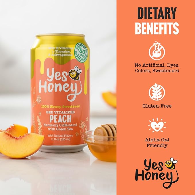 Yes Honey Sparkling Peach Tea 11oz (12-Cans) 100% Honey-Sweetened Alpha Gal Friendly Naturally Caffeinated with Green Tea with B Vitamins L-Theanine and Ashwagandha