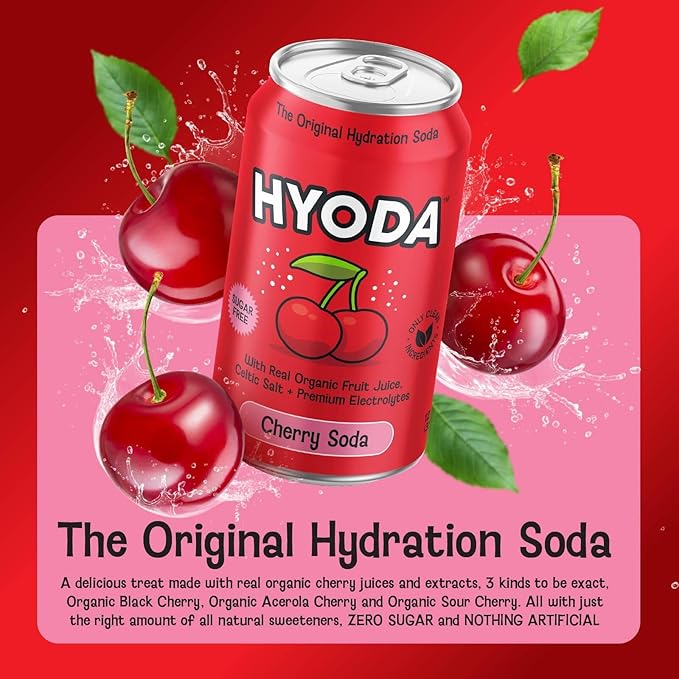 HYODA Cherry Soda Gluten Free and Vegan Sparkling Electrolyte Drink Made with Organic Cherry Juice Celtic Salt and Calcium Keto Zero Sugar Plant Based Caffeine Free 12 FL OZ Cans 12 Pack