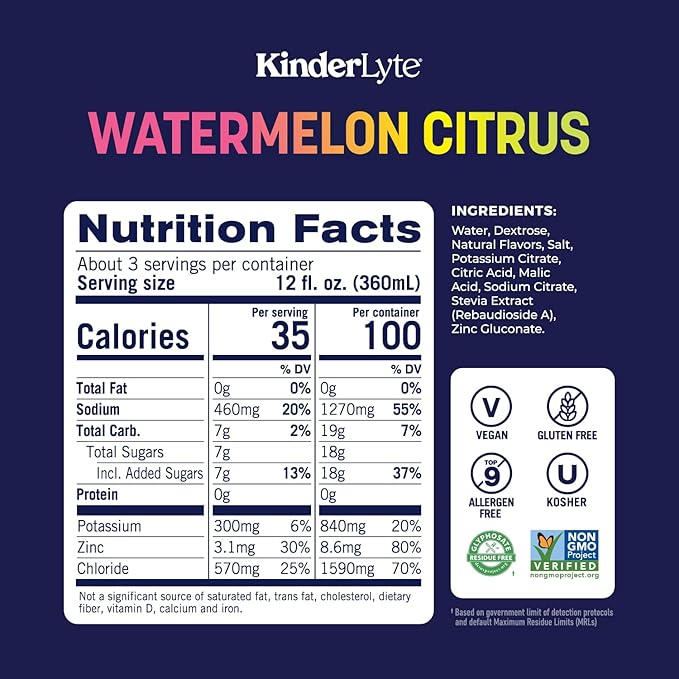KinderLyte Electrolyte Solution for Kids and Adults - Hydration Drink Watermelon Citrus (33.8 Fl Oz 6 Pack) No Artificial Sweeteners or Flavors No Synthetic Dyes Vegan Non-GMO Gluten-Free