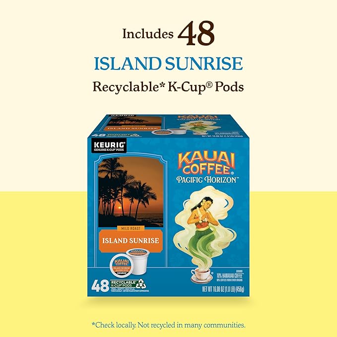 Kauai Coffee K-Cup Pods for Keurig Brewers – Arabica Coffee 10% Hawaiian – Mild Roast Light with Bright Aroma – Island Sunrise 1 Pack of 48 Single Serve K-Cups