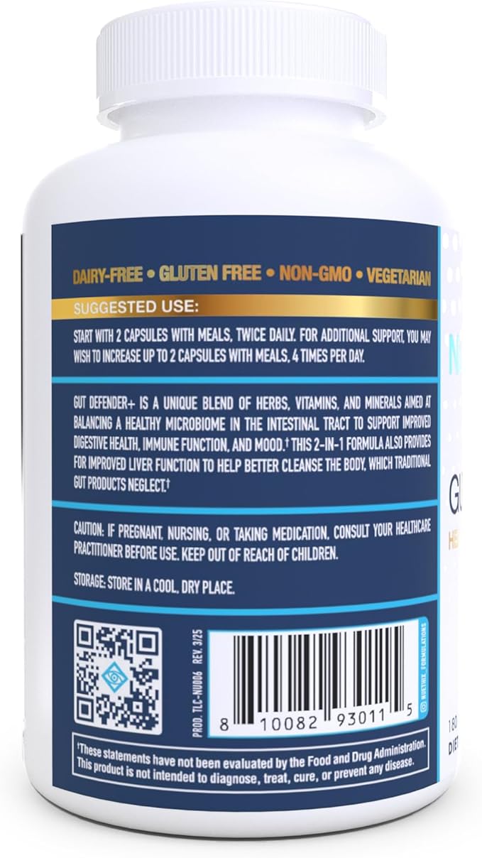 NuEthix Formulations Gut Defender+ Microbiome Balance Dietary Supplement 180 Capsules 90 Servings