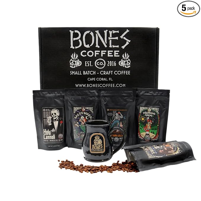 Bones Coffee Company Favorite Flavors Sample Pack Box Set with Specialty Coffee Mug 5 Assorted Single-Origin Low Acid Medium Roast Arabica Beans Flavored Coffee Gifts 4 oz Pack of 5 Ground