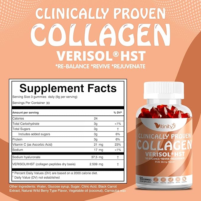 VITINITY VERISOL® HST+HA+VIT C Collagen Hard Chewy Gummies Clinically Proven Beauty.FirmerSmoother SkinFewer WrinklesReduced Cellulite.True Beauty from Within.The Look-Good Feel-Good -30 Day Supply