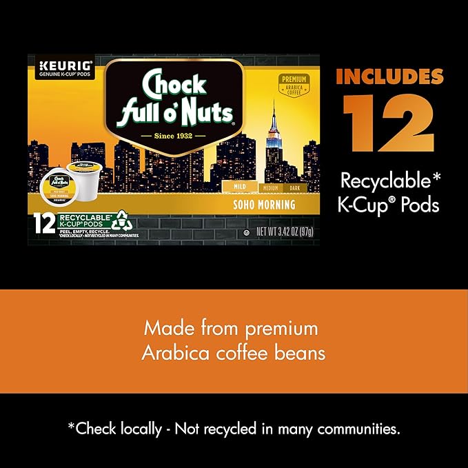Chock Full o' Nuts Soho Morning Keurig K-Cup Pods for Keurig Brewers – Premium Arabica Mild Roast – Single Serve – 1 Pack of 12 K-Cup Pods