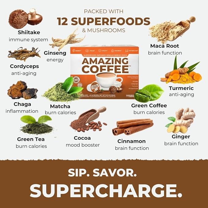 Superfoods Company Amazing Coffee- 12 Natural Superfoods - French Roast - Weight Loss &amp Brain Boost - Gluten Free Non-GMO Sugar Free Vegan &amp Keto Friendly [24 Pods] [Cocoa]