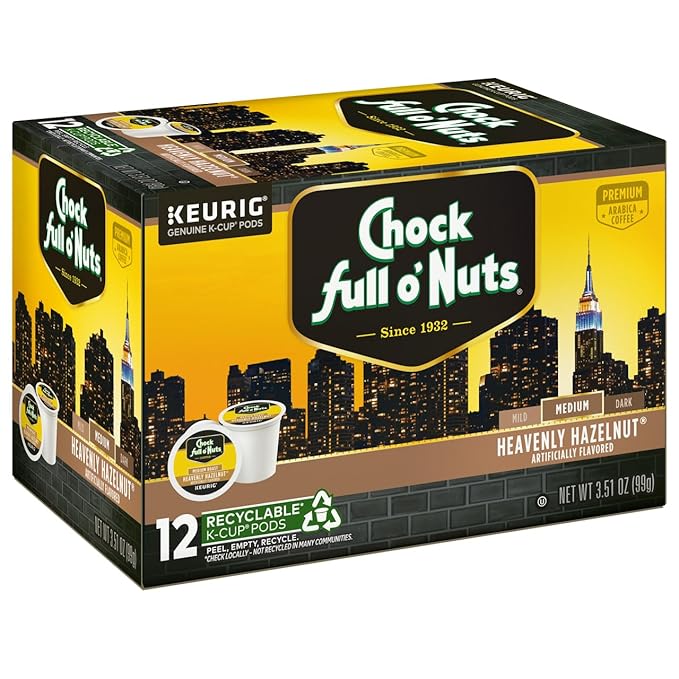 Chock Full o'Nuts Heavenly Hazelnut Coffee Compatible with K-Cup Pods 12 CT (Pack of 3)
