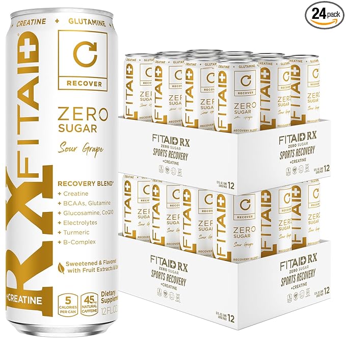 FITAID RX Zero Creatine Monohydrate 5 Calories Keto-Friendly Post-Workout Recovery Drink BCAAs L-Glutamine Turmeric Electrolytes B-Complex 12 Fl Oz (Pack of 24)