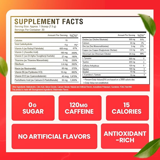 Morning Buzz Energy Drink Powder - Energy Boost Drink Mix - Sugar-Free Energy with Antioxidants - Morning Kickstart and Sports Nutrition Endurance Product - 30 Servings Watermelon 8 Ounces