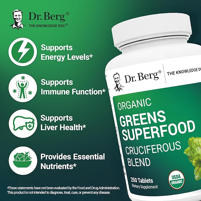 Dr. Berg's Greens Superfood Cruciferous Vegetable Tablets - Vegetable Supplements for Adults w/ 11 Phytonutrient Super Greens Tablets - Energy Immune System &amp Liver Veggie Tablets - 250 Tablets