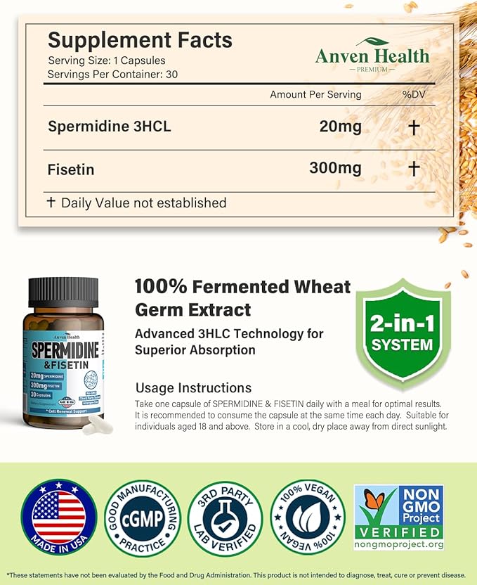 Spermidine &amp Fisetin Supplement - 20mg of 99% Spermidine Per Serving 3HCL &amp 300mg Fisetin for Women Men Cell Renewal Aging Defense &amp Longevity Gluten Free Non-GMO Made in USA | 90 Veg