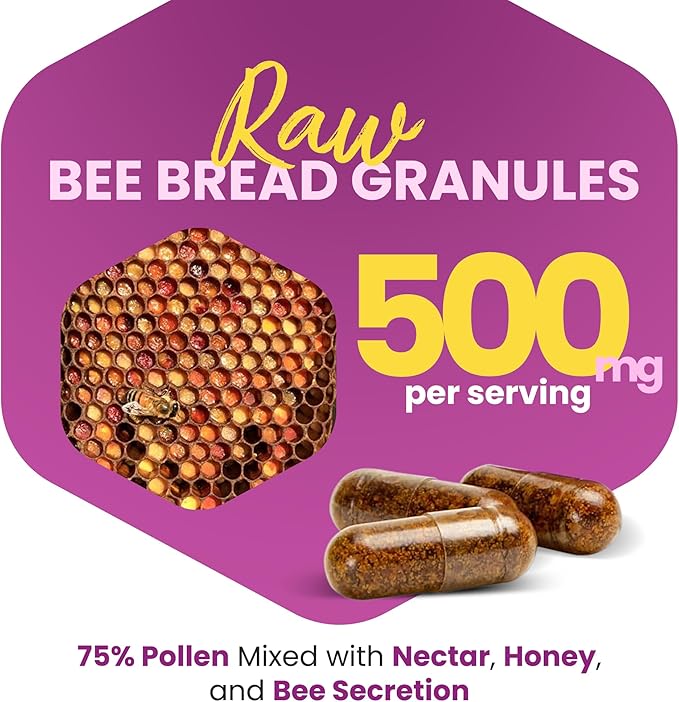 HONEYBEEZONE-Bee Bread Capsules – Nutrient-Rich Superfood for Energy Boost Immune Support Supplement | Non-GMO Gluten-Free 60 Easy-to-Swallow Veggie Capsules