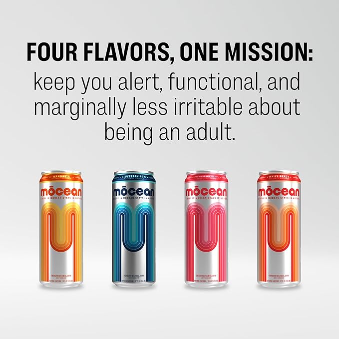 MŌCEAN White Peach Energy Drink 12 fl oz (Pack of 12) Clean Adult Energy Drink with 130mg Caffeine Adaptogens &amp Minerals No Taurine No Sucralose No Candy Flavors