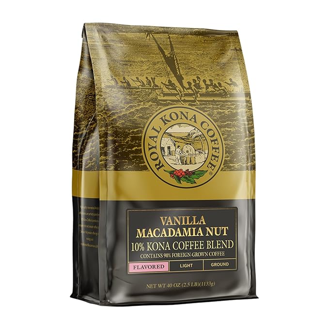 ROYAL KONA COFFEE - Light Roast Ground Coffee Vanilla Macadamia Flavor 40 Ounce