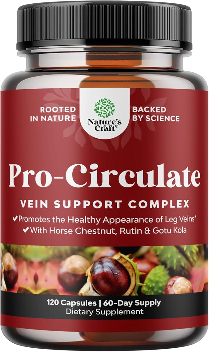 Natures Craft Vein Support Supplement for Leg and Veins - Full Body Supplement for Spider &amp Varicose Veins and Improved Flow with Horse Chestnut Extract - Vegan Non-GMO Capsules - 120 Count