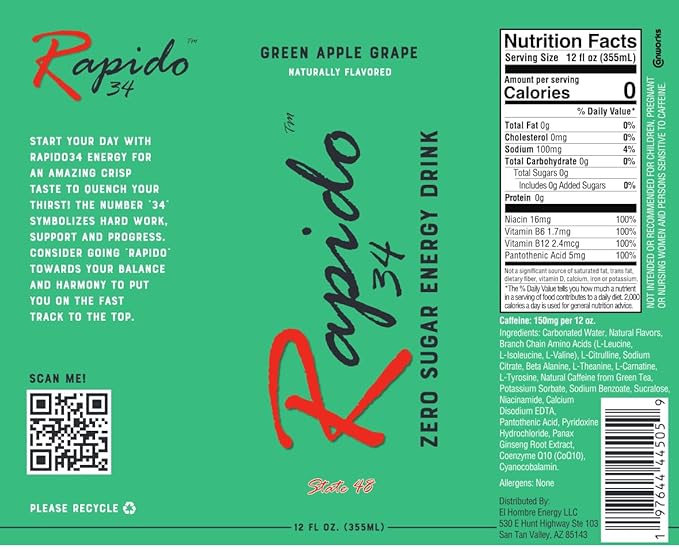 Rapido 34 Green Apple Grape Energy Drink Zero Sugar Zero Calories 150mg Caffeine 12-Pack