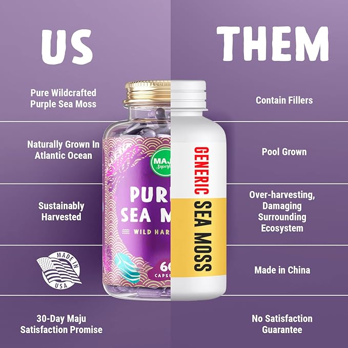 MAJU's Powerful Purple Sea Moss Capsules (60 ct) Extra-Strength Purple Minerals Chondrus Crispus Stronger Than Gel Compare to Organic Irish Seamoss Capsule Wild Harvested Powder Pills