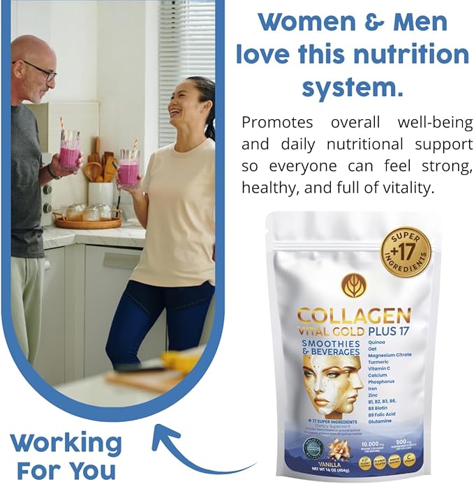 Vital Life Collagen Peptides Powder +17 Super Ingredients 1 lb (Pack of 12) Vanilla Flavor Supports Hair Skin Nails Bones Joints &amp Digestive Health Collagen for Women &amp Men.